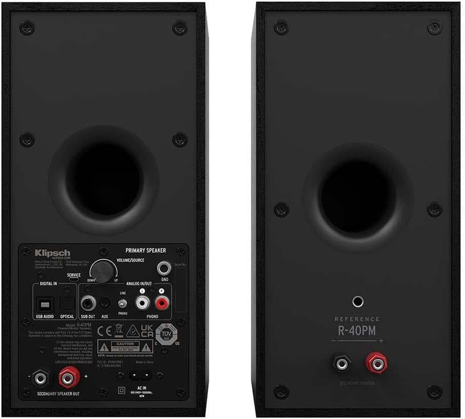 Klipsch Reference R-40PM Powered Bookshelf Speakers with Bluetooth, Modern Appearance, Black - Pair