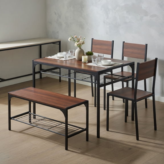 Resenkos Dining Table Set,Dining Table Chairs SetIndustrial Style Rectangular Kitchen Table with Bench and Chairs-Walnut