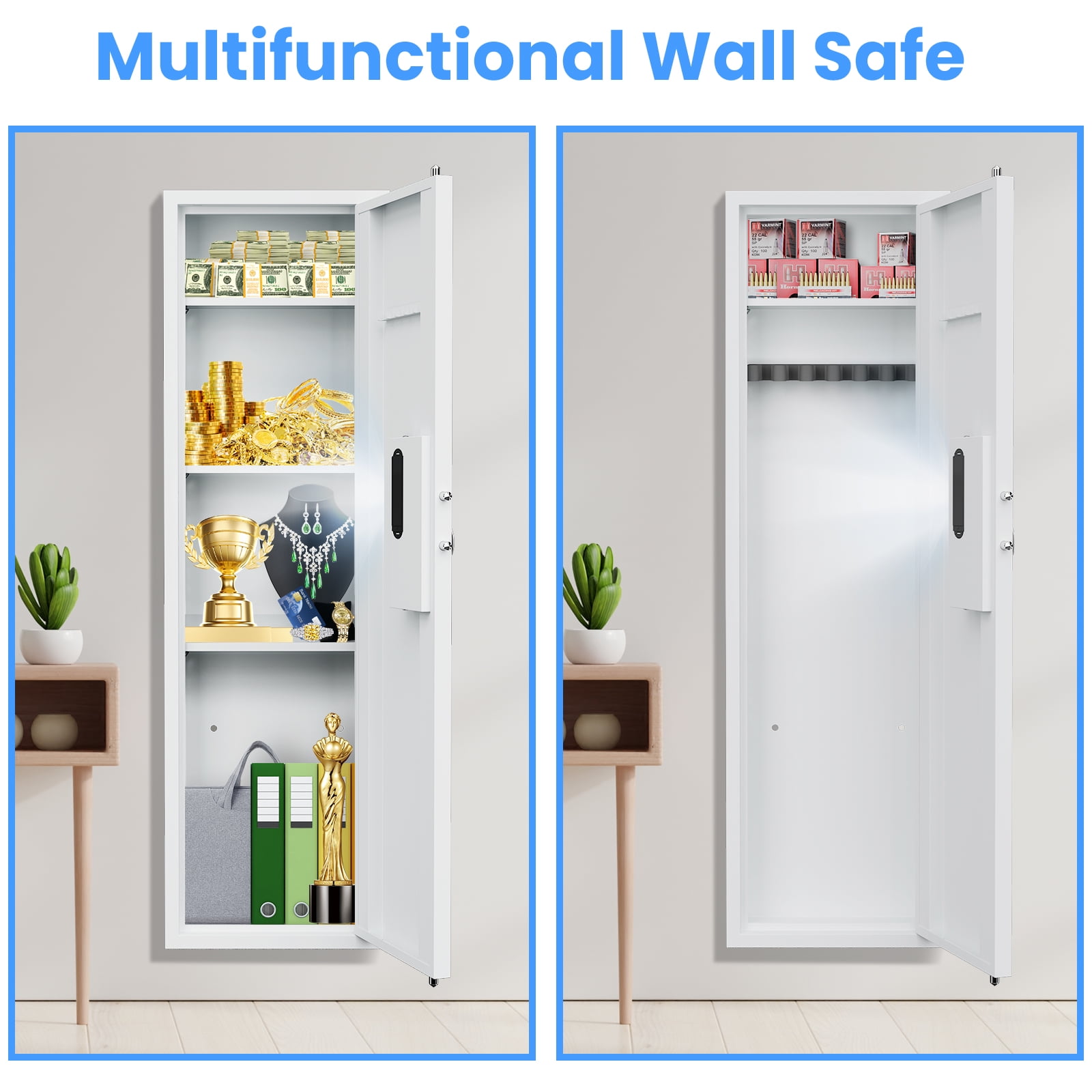53.15" Wall Safe, Digital Wall Safe Between the Studs with Dual Alarm ＆ Mute Mode, Hidden Wall Safe with Adjustable Shelve, Magnetic Support & Key Hook