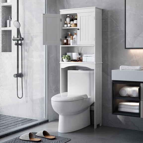 Over The Toilet Storage Cabinet with Open Shelf, Organizer with Adjustable Shelf and Double Doors,Over The Toilet Storage Shelf Free Standing- White