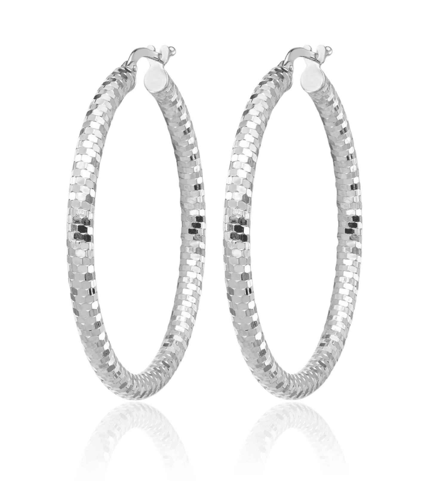 14K Solid White Gold Round Large Hoop Earrings