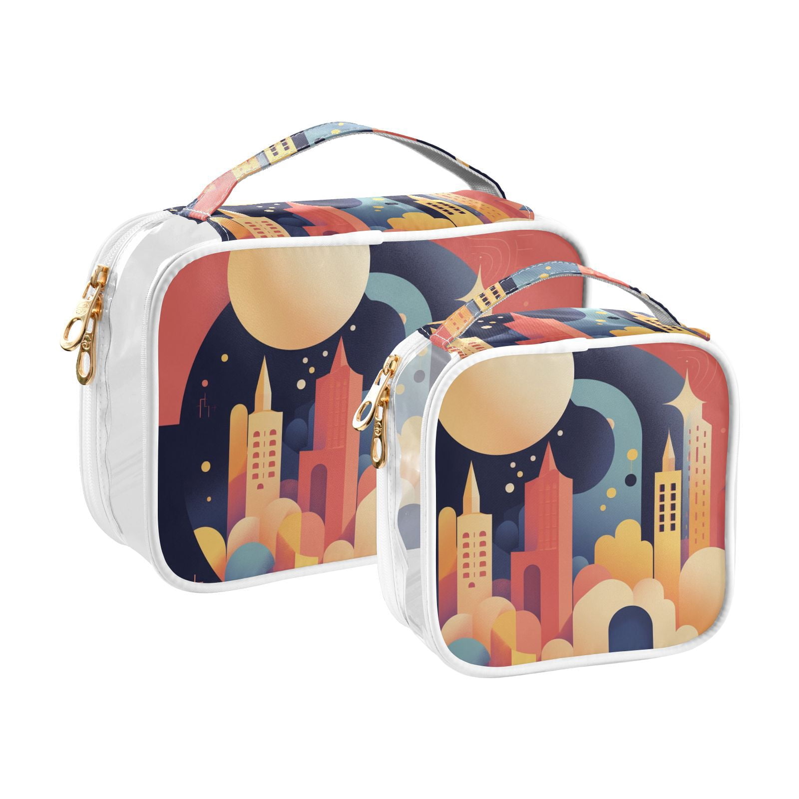 Clear Makeup Bags with Handle Large Opening 2 Pack Set Toiletry Bag Quart Size Bag, for Women Man Traveling Travel Essentials, Toiletries and Other. City Illustration