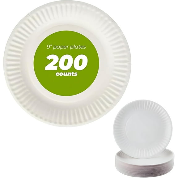 9 Inch Paper Plate Uncoated Plates White, 200ct