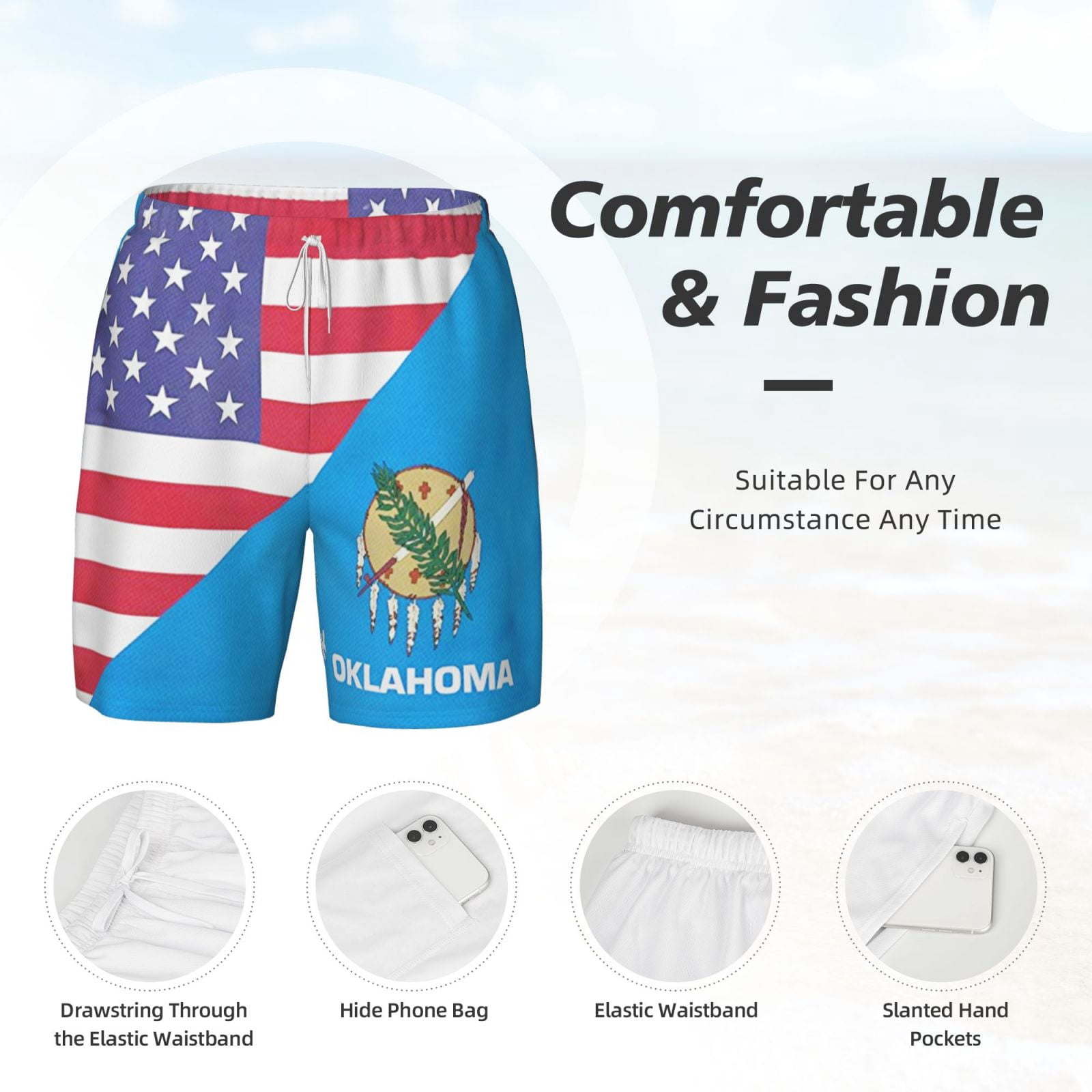 Men's America Oklahoma Flag Swim Trunks with Compression Liner Bathing Suit Swimwear