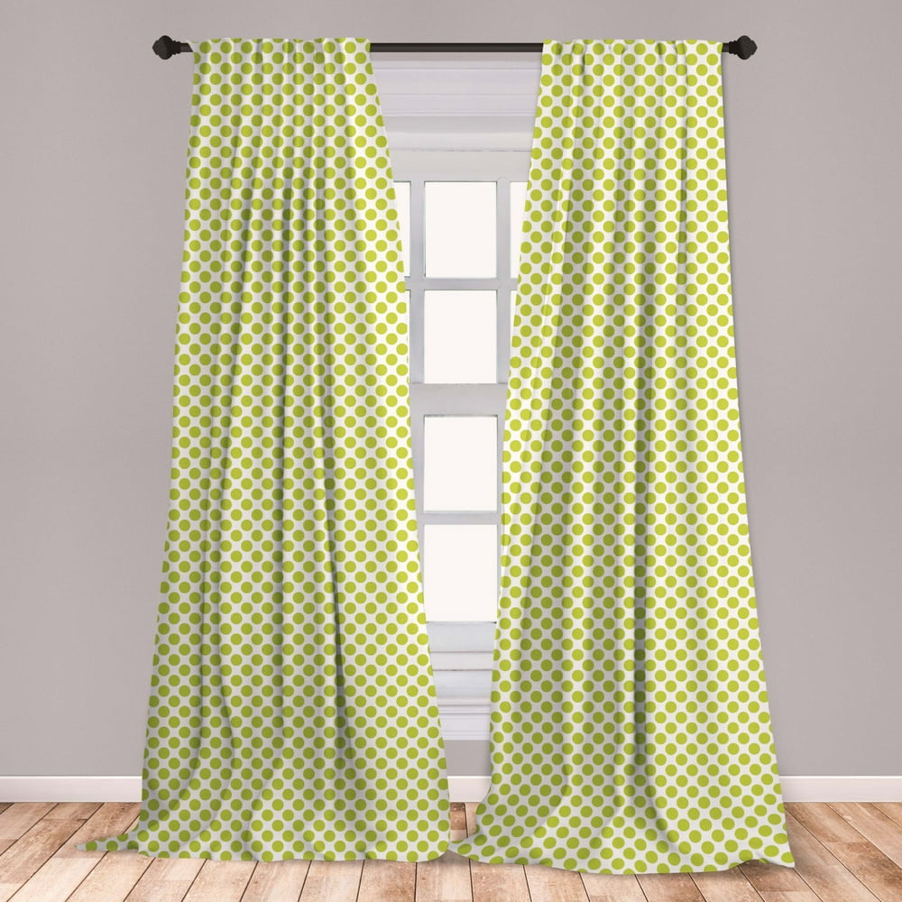 Lime Green Curtains 2 Panels Set, Nostalgic Polka Dots Style Large