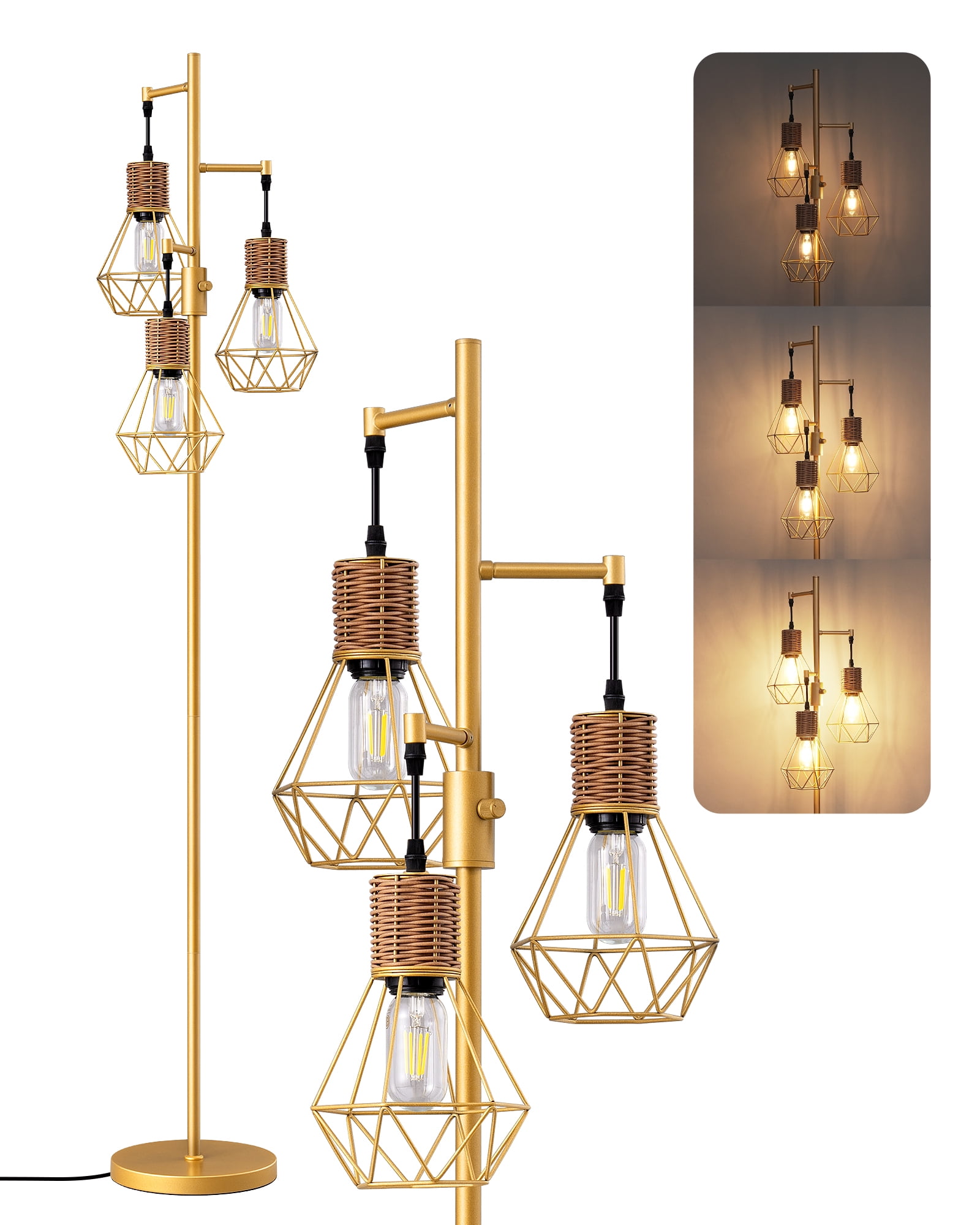 EDISHINE Industrial Floor Lamps for Living Room Clearance, Dimmable, Metal Standing Tree Lamp for Bedroom, Office, Home Decor, LED Bulb Included, Gold