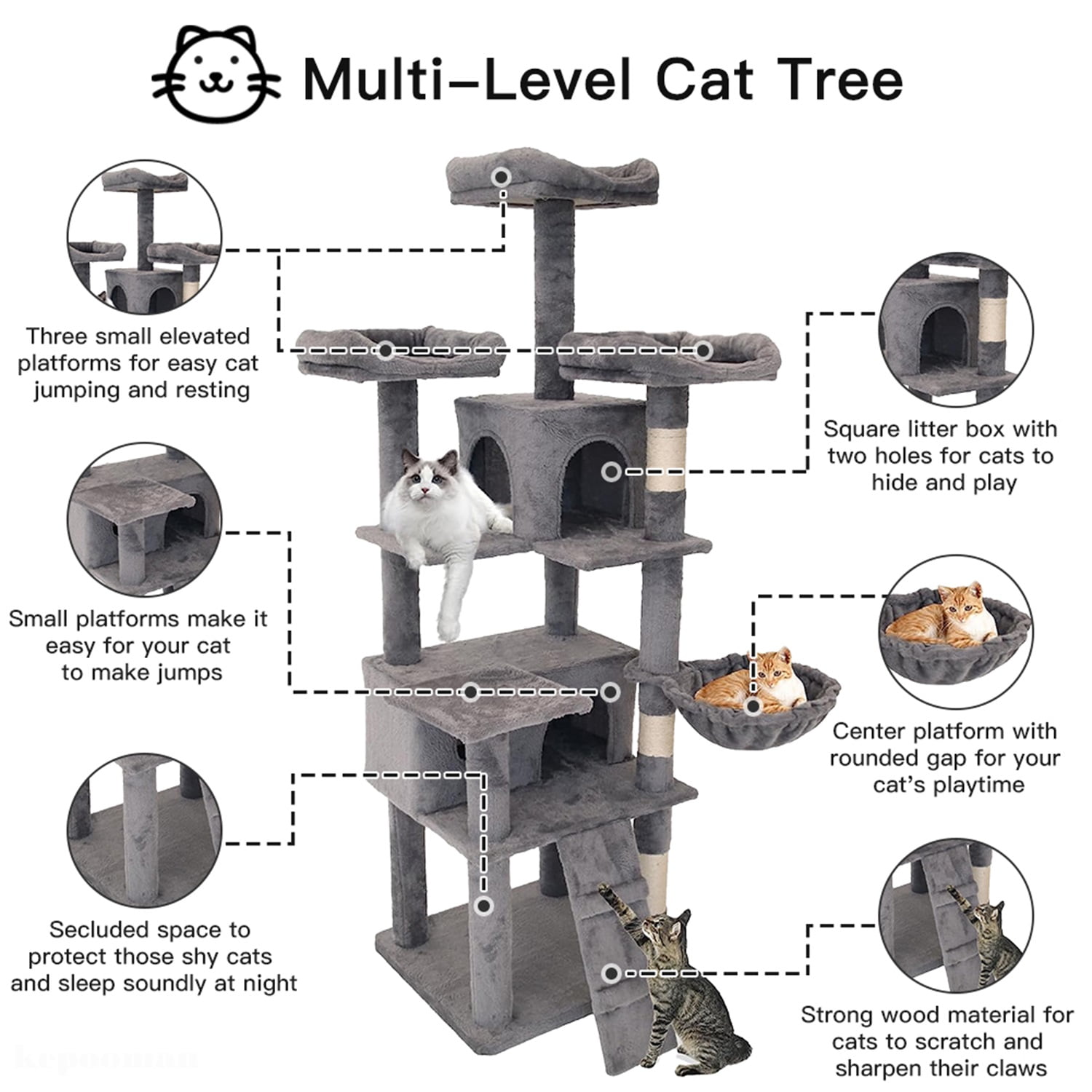 Pefilos 68 Inches Cat Trees Towers with Scratching Posts Condos Hammock Resting Perch, Indoor Play House for Large Cats Kitty Kitten, Gray Pefilos 68 Inches Cat Trees Towers with Scratching Posts Condos Hammock Resting Perch, Indoor Play House for Large Cats Kitty Kitten, Gray