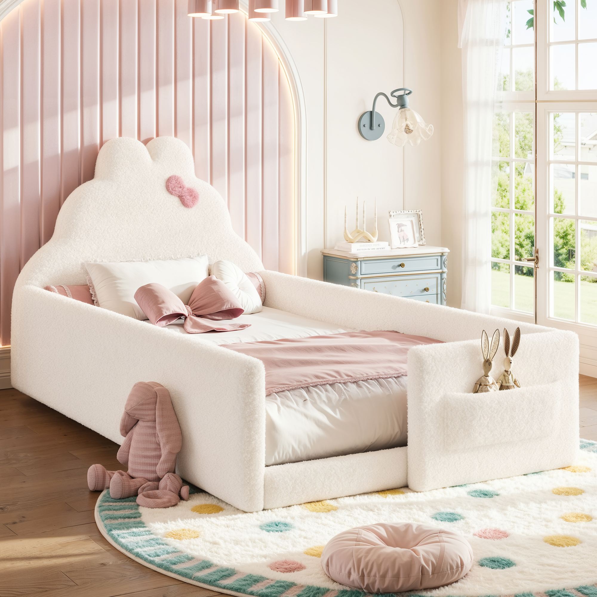 HOQBN Twin Size Upholstered Floor Bed Frame, Soft Padded Upholstered Kids Bed, Safe Children Bed Frame with Side Storage Pocket for Bedroom Beige