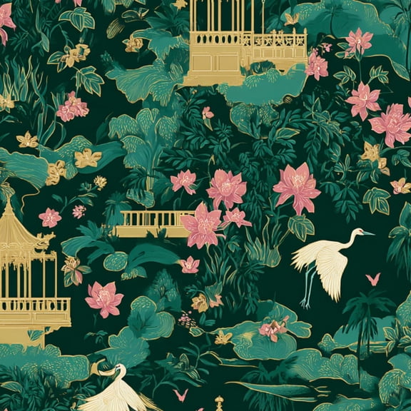Garden Peel and Stick Wallpaper 23.6in x 9.8ft Elegant Oriental Garden Crane Lotus Flower Traditional Contact Paper Vinyl Waterproof Self Adhesive Wall Paper for Bedroom Shelf Cabinet Renter Friendly