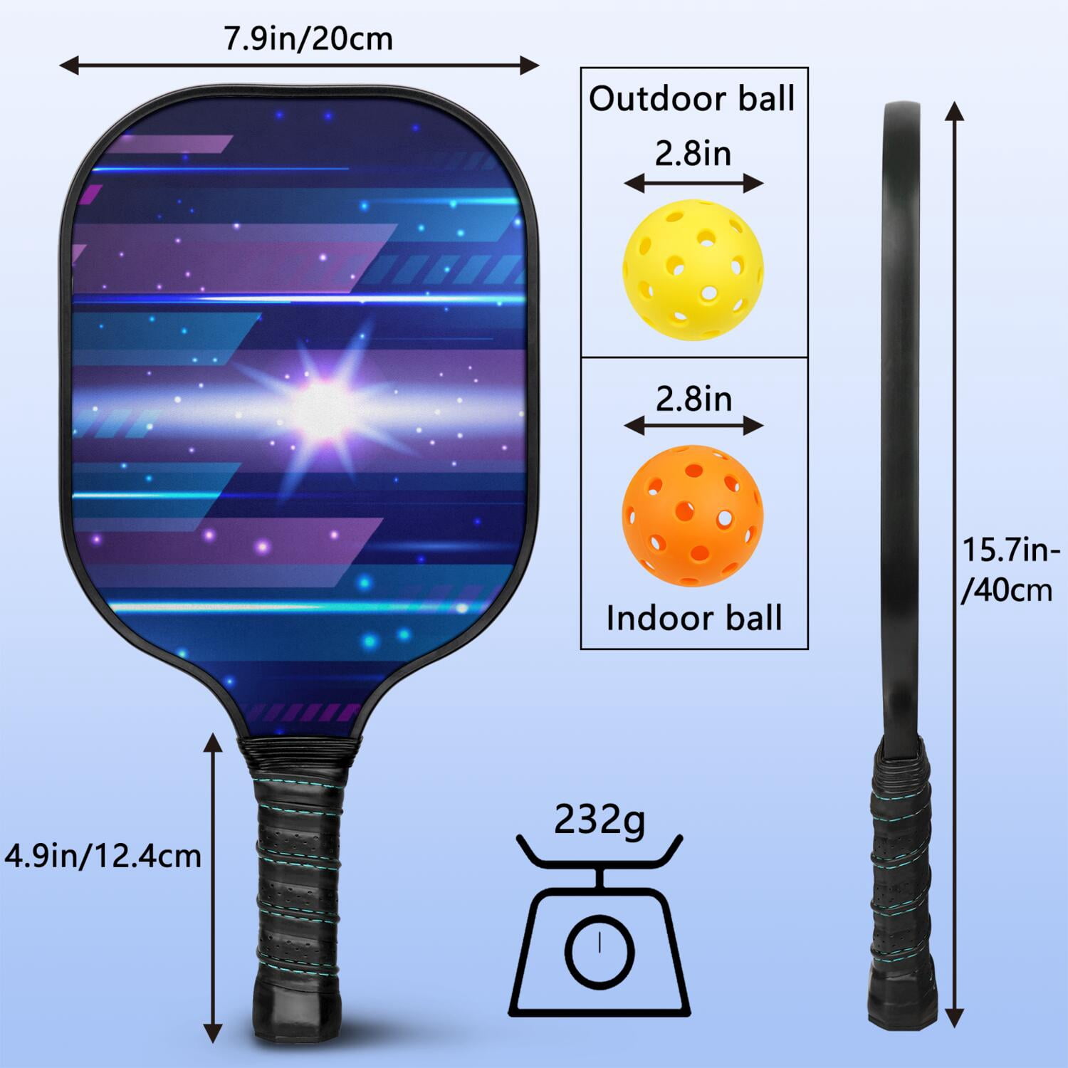 Pickleball Paddles Set Of 1, Fiberglass Surface, Speed, Lightning, Thunder Print, 1 Paddle, 2 Balls & Bag