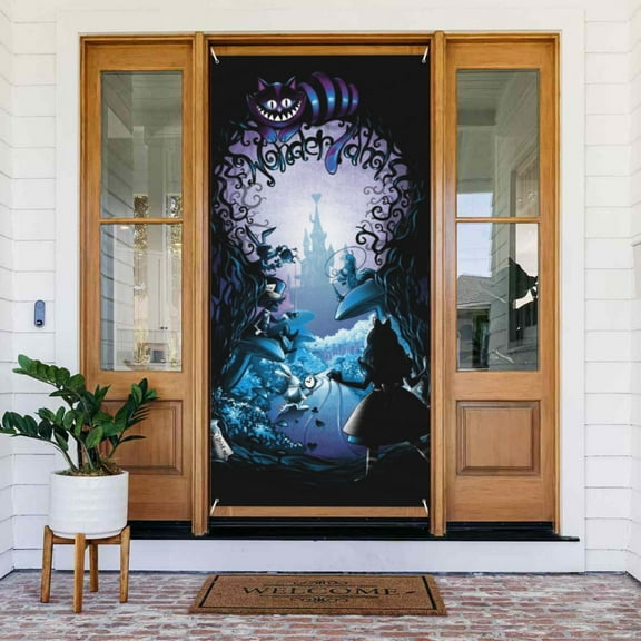 Door Cover Decoration Alice in Wonderland Hanging Banner Backdrop Tapestry Outdoor Party Decor 72.8 x 35.4 Inch