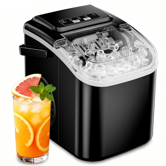 Ecozy Chillio Portable Countertop Ice Maker, Makes 8 Bullet Ice in 6 Mins, 26 lbs/Day, 2 Ice Sizes, Self-Cleaning with Carry Handle for Home, Kitchen