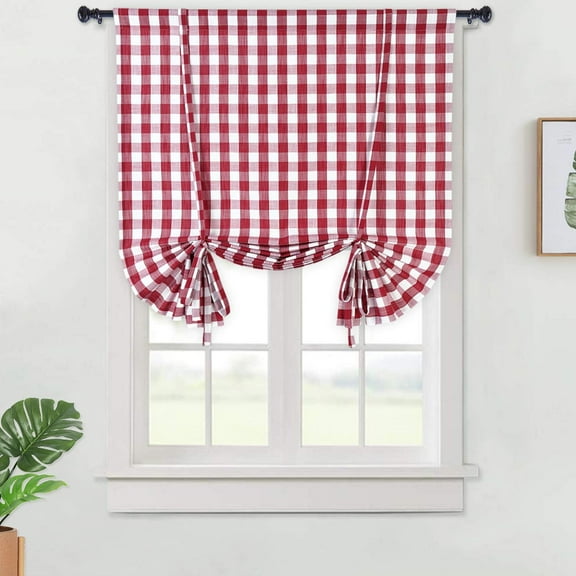 GlowSol Tie Up Curtain Buffalo Check Plaid Farmhouse Adjustable Blackout Kitchen Curtain for Cafe Windows, 42"W x 63"L, Red White