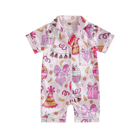 BemeyourBBs Baby Girls Birthday Pajamas, Short Sleeve Bow Cake Print Jumpsuit