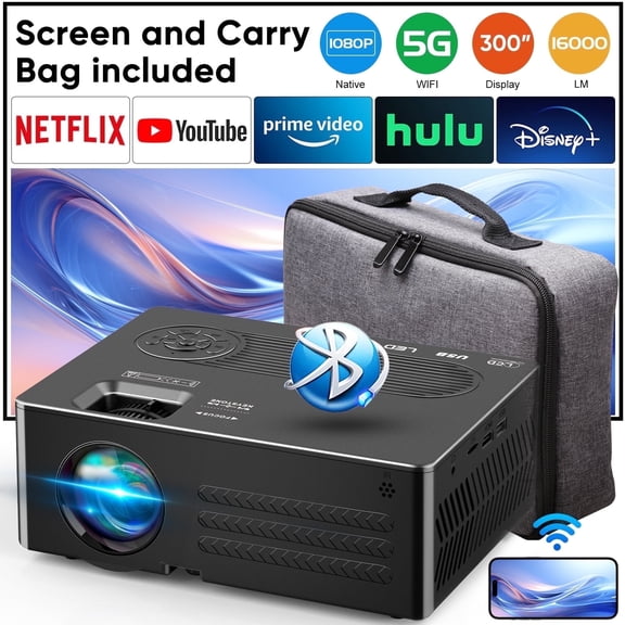 Faltopu 5G WiFi Bluetooth Projector Native 1080P Support 4K outdoor Movie Projector, 16000LM Full HD Compatible with iOS/Android/PC/TV Stick/HDMI/USB (Projector Screen and Portable Bag Included)
