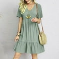 thumbnail image 2 of Dezsed Summer Dresses for Women 2025 Short Sleeve V Neck Pleated Flowy Tiered Loose Casual Dress A-Line Ruffle Dresses Green M, 2 of 8