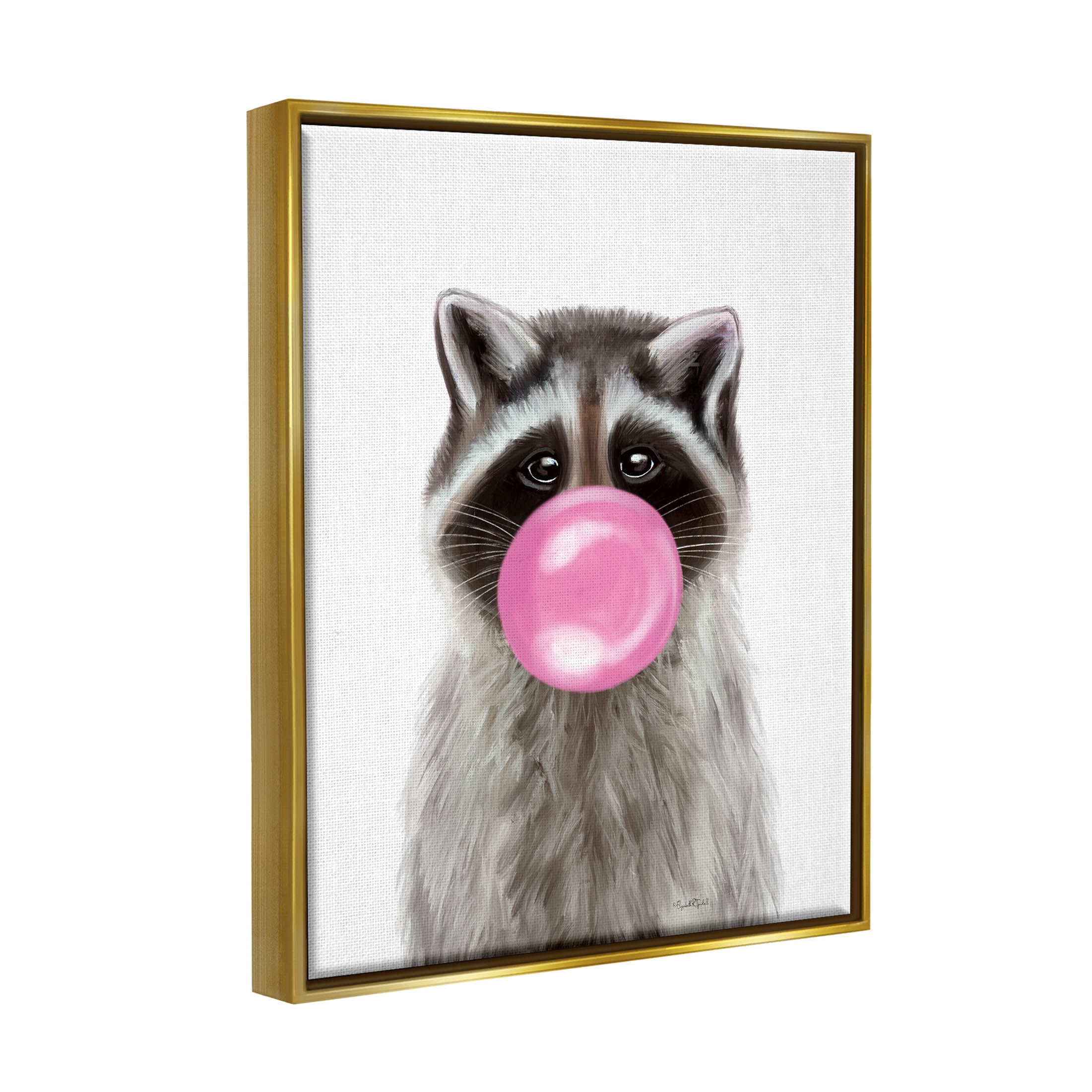 Stupell Industries Raccoon Bubble Gum Wildlife Portrait Graphic Art Metallic Gold Floating Framed Canvas Print Wall Art, Design by Elizabeth Tyndall