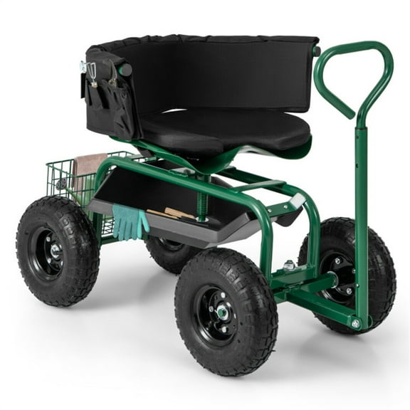 Garden Cart, Outdoor Rolling Garden Scooter W/Adjustable 360 Degree Swivel Seat, Yard Gardening Work Seat with Wheels & Tool Tray & Storage Basket, Extendable Handle, Black