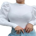 thumbnail image 3 of Women Ladies Puff Sleeve Tops Pullover Sweater Blouse Jumper Ribbed Shirt, 3 of 4