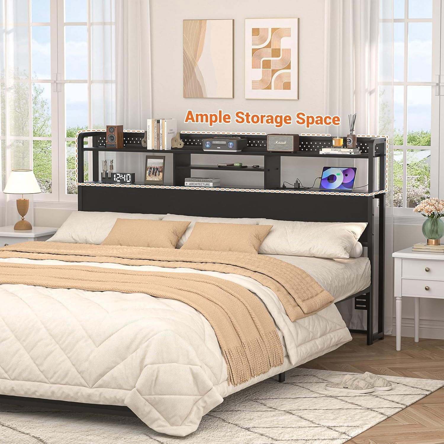 Homieasy Headboard for King Size Bed with Storage Shelf, Head board with 3 Outlets and 2 USB Ports, Headboards with RGB LED Light, Height Adjustable, Sturdy and Stable, Easy Assembly, Black