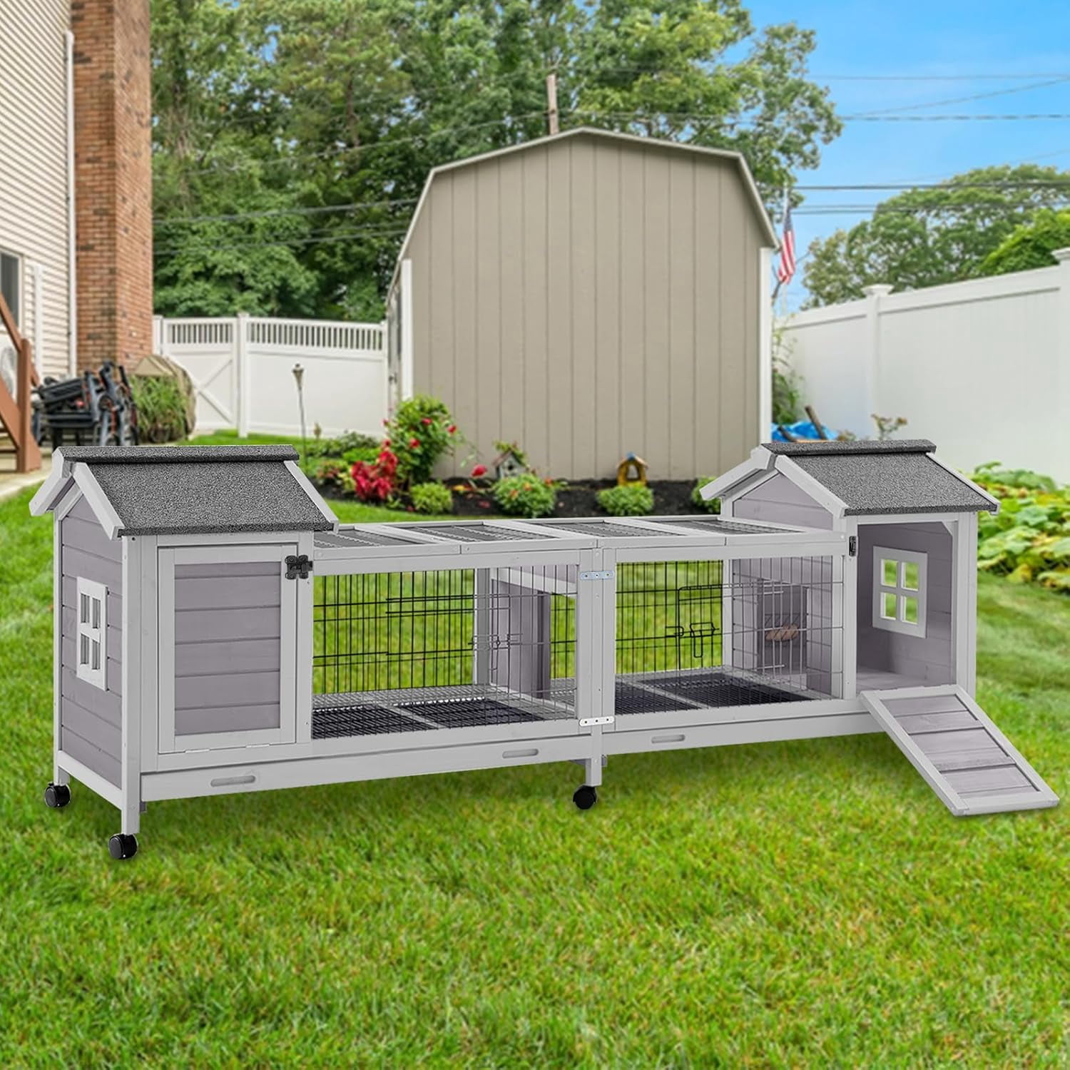 Aivituvin Rabbit Hutch Indoor Outdoor Bunny Cage Upgrade Large Space for Rabbit,Guinea Pig,Bunny and Other Small Animals,On Wheels Move Easily
