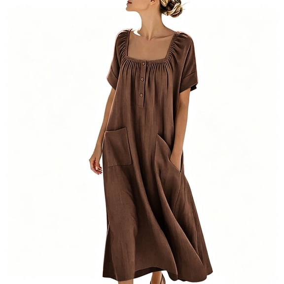 Ruimatai Women's Square Neck Gathered Short Sleeve Half-Button Loose Fit Casual Maxi Dresses with Pockets for Women Beach & Vacation Wear