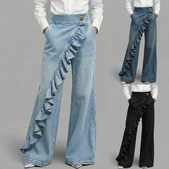 JUSLIO Jeans for Women,Full Length Casual Denim Trousers Solid Lace Trim Jeans