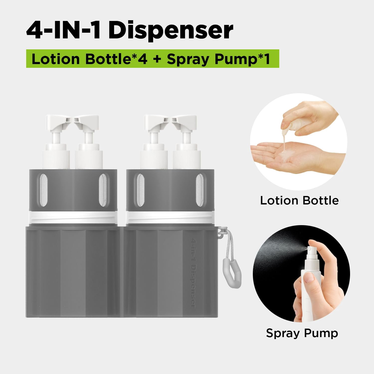 4 in 1 Travel Dispenser Bottle, Vacuum Silicone Suction Cup for Smooth Walls, TSA Approved Leak Proof Travel Size Containers for Toiletries, Shampoo, Body Wash and Conditioner