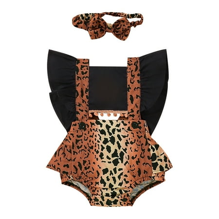 

ZAXARRA Baby Girl Summer Clothes Leopard Printed Ruffle Patchwork Tie-Up Romper Jumpsuit