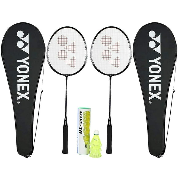 Yonex GR 303F Raquette de Badminton à Cordes en Aluminium, Taille de Prise - 4 Pouces, Matériau - Lot de 2 en Aluminium + Mavis 10, Volants Jaunes
