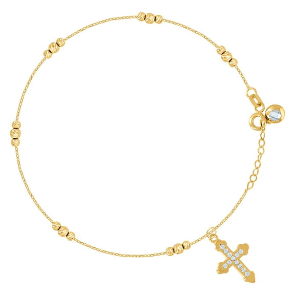 10k Yellow Gold Womens Cubic Zirconia Cross Beaded Religious Charm 8 Inch Bracelet 17.6x11.2mm Wide Charm Bracelet for W