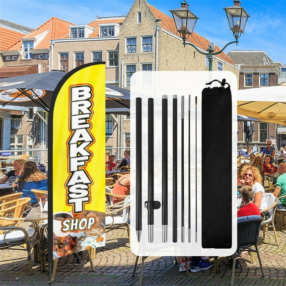 QSUM Breakfast Shop Themed Swooper Flag,8.2FT Breakfast Shop Advertising Feather Flag with Pole Kit, Ground Spike, Breakfast Shop Signs for Businesses and Storefronts