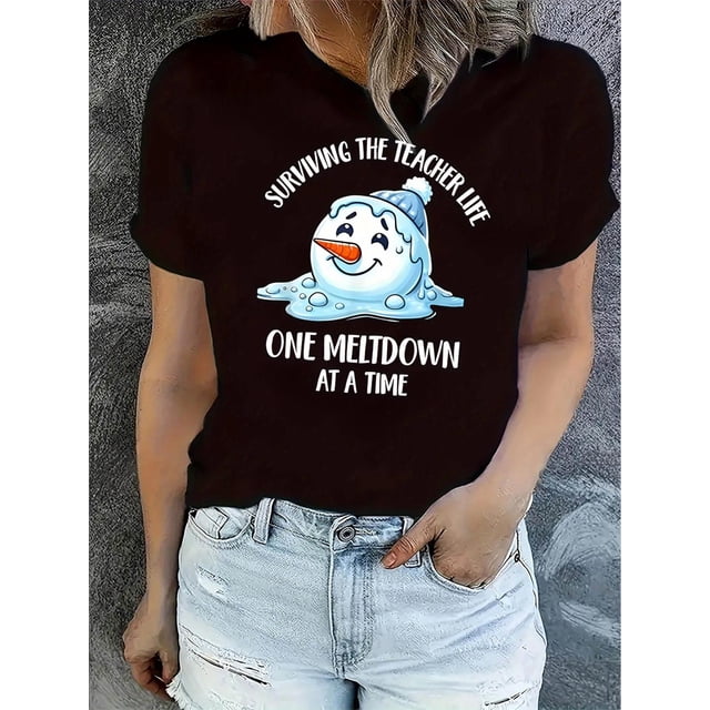 Motif Bonhomme de Neige Anglais Créatif Imprimé Mode Col Rond Manches Courtes, T-Shirt de Sport Simple et Décontracté, Haut d'Été Confortable pour Femmes pendant les Vacances. Fête des Pères, Fête des Mères