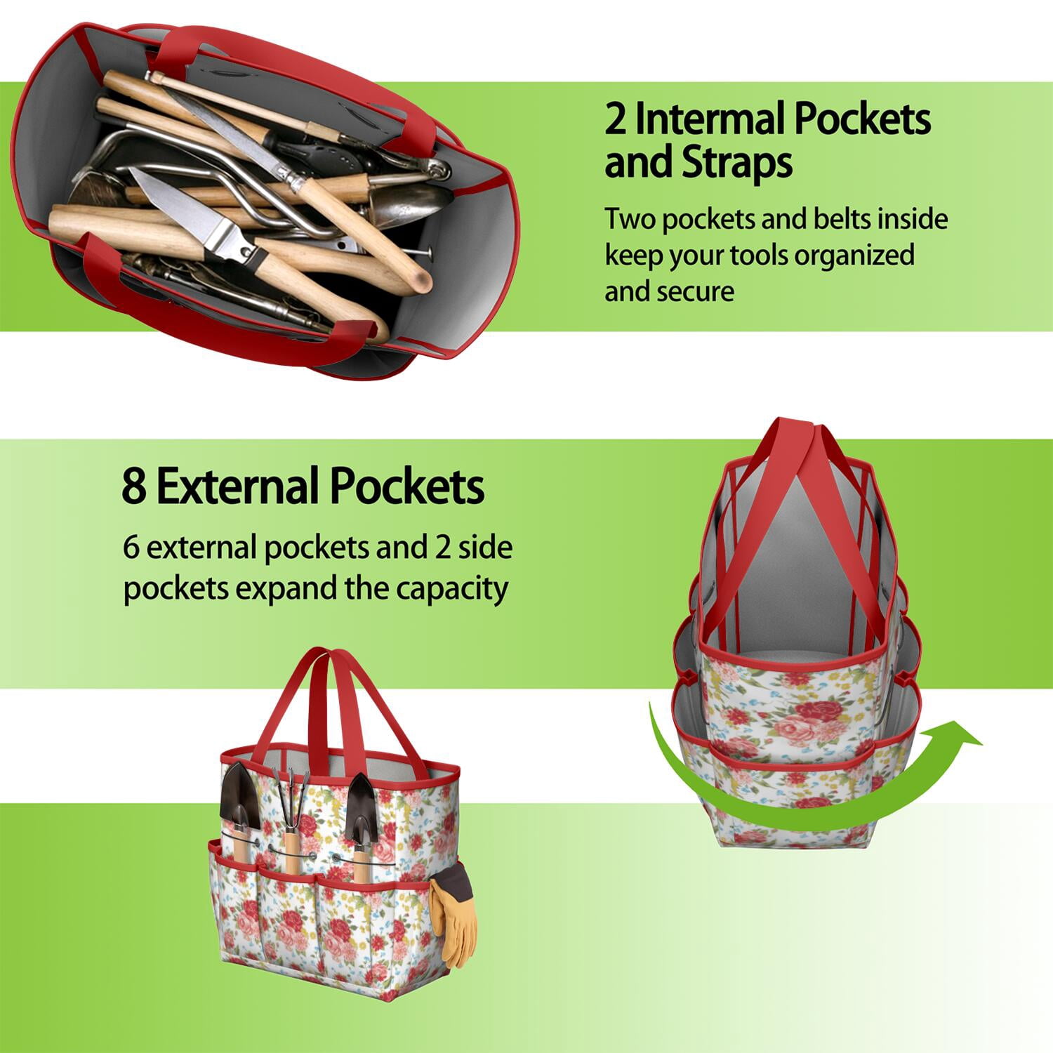Bright Flowers Garden Tools Bag, Water-proof Oxford Garden Tote Home Organizer Gardening Tool Bag Kit Holder with 8 Pockets for Indoor and Outdoor Gardening(Tools Not Included)