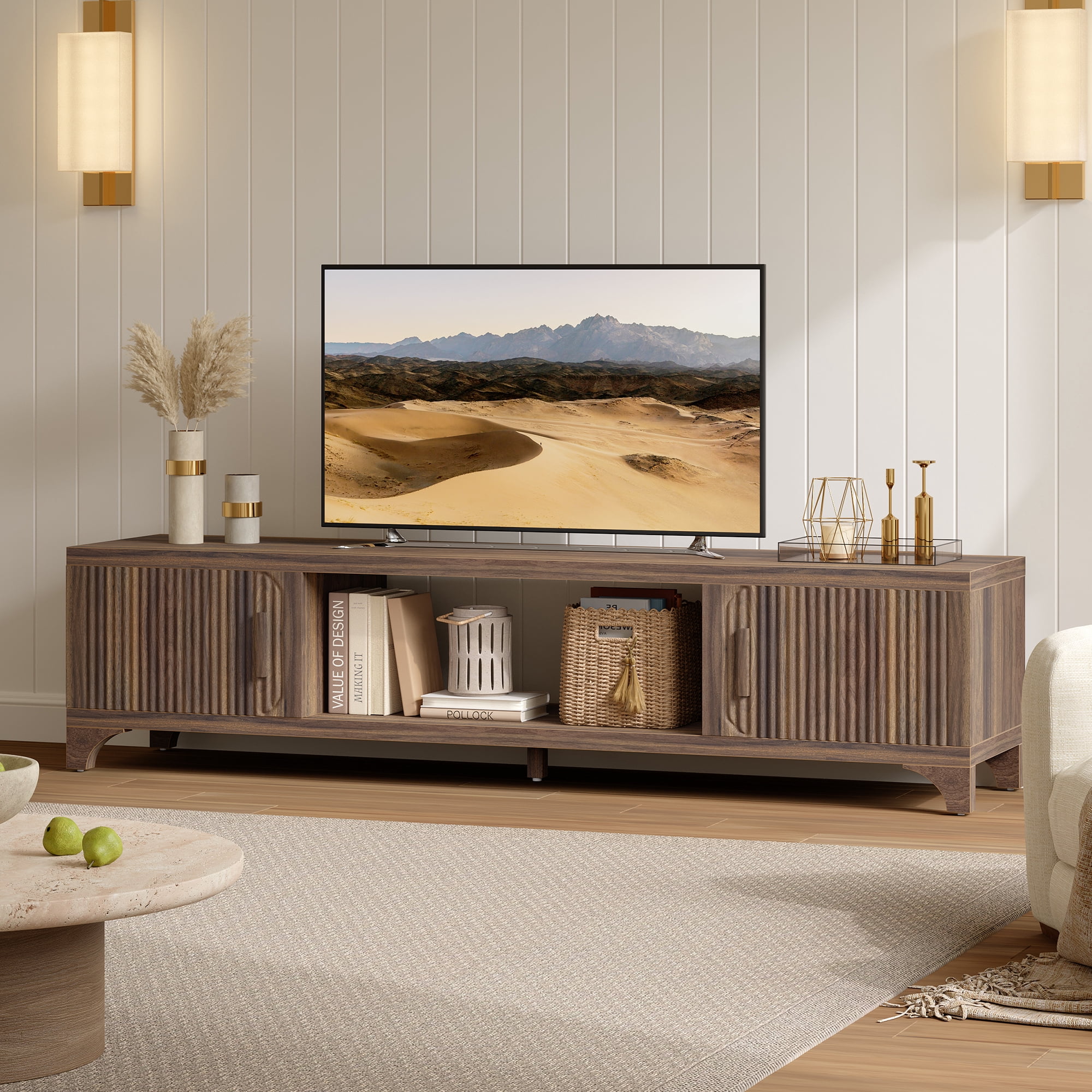 Vebreda 70 Inch Modern TV Stand for 65"/75" TVs, Mid-Century Entertainment Center with Storage, Walnut