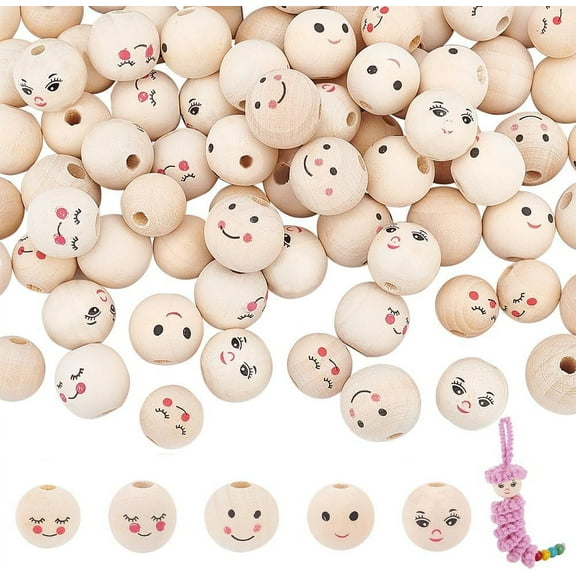100pcs 5 Styles Face Wood Beads 15~18mm Wooden Beads with 4~5mm Hole Spacer Beads Wooden Loose Bead for Angel Head DIY Bracelet Necklace Jewelry Macrame Hair Crafts Christmas Decor