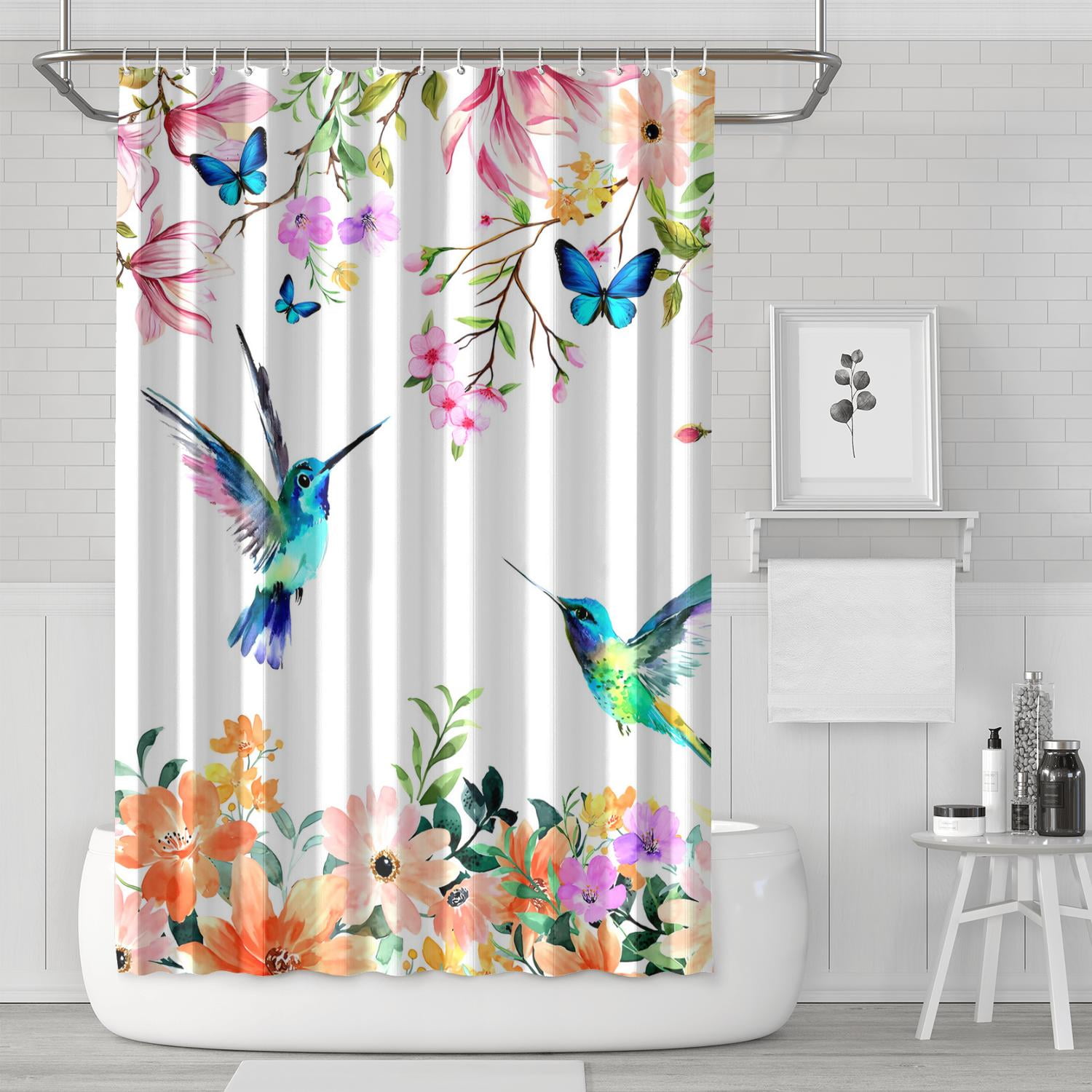 Watercolor Flower Hummingbird Shower Curtain for Bathroom Set Modern