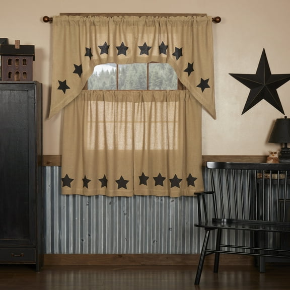 VHC Brands Burlap Natural with Black Stars 4 PC Curtain Set (2 Swag 36x16 and 2 Tier 24x36)