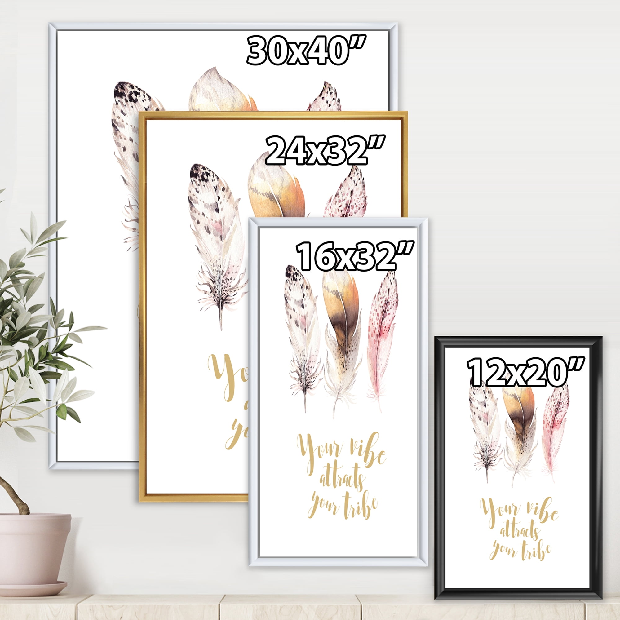 Your Vibe Attracts Your Tribe Ethnic Feathers I 16 in x 32 in Framed Painting Canvas Art Print, by Designart