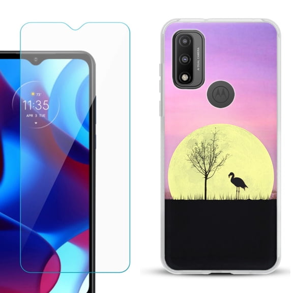 Slim-Fit Gel TPU Phone Case for Motorola Moto G Pure, with Tempered Glass Screen Protector, by OneToughShield ® - Moonlight Flamingo