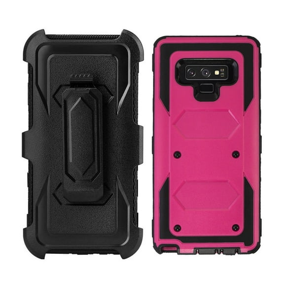 GoldCherry Heavy Duty Full-Body Armor Case Belt Clip Holster Kickstand For Samsung Galaxy Note 9 2018 SM-N960 (Rose Red)