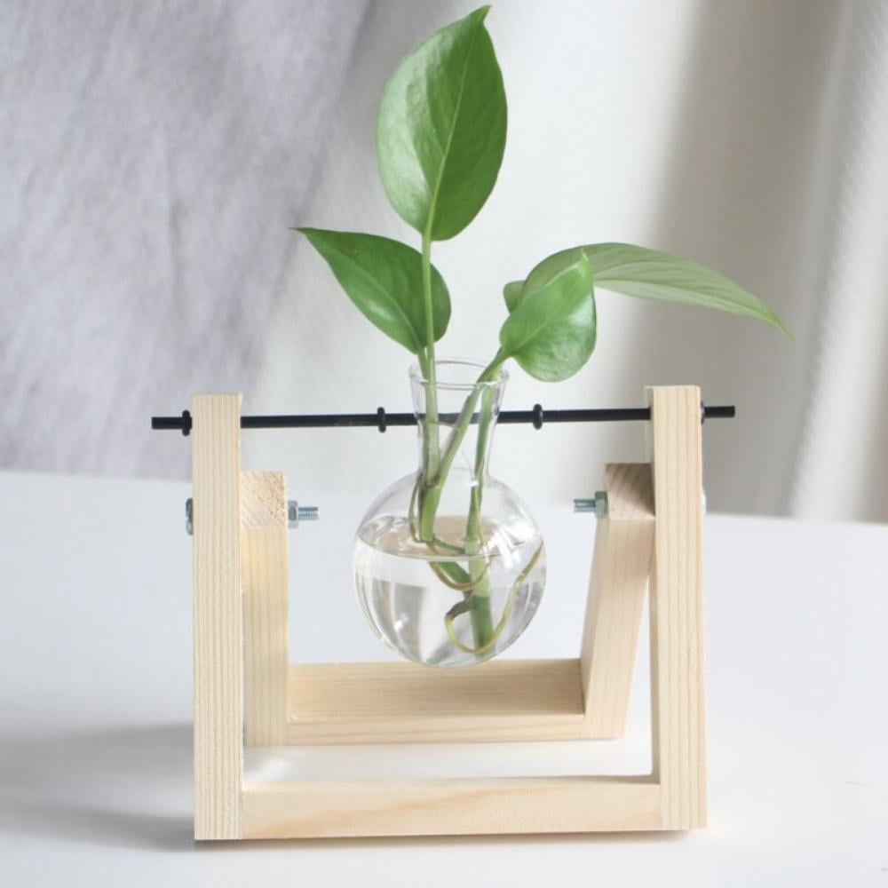 Glass Bulb Vase Hydroponic Plant Container Wooden Frame Stand Home Flower Pot 