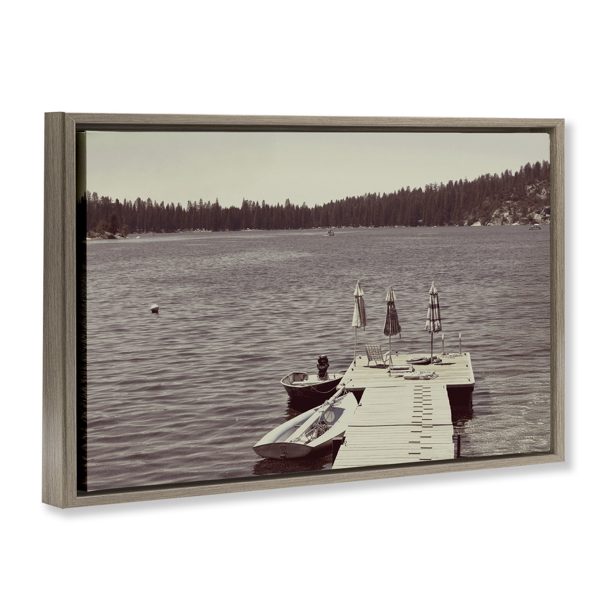 Stupell Industries Vintage Lake Life Dock Brown Framed Floater Canvas Wall Art, design by Gemma Bardot