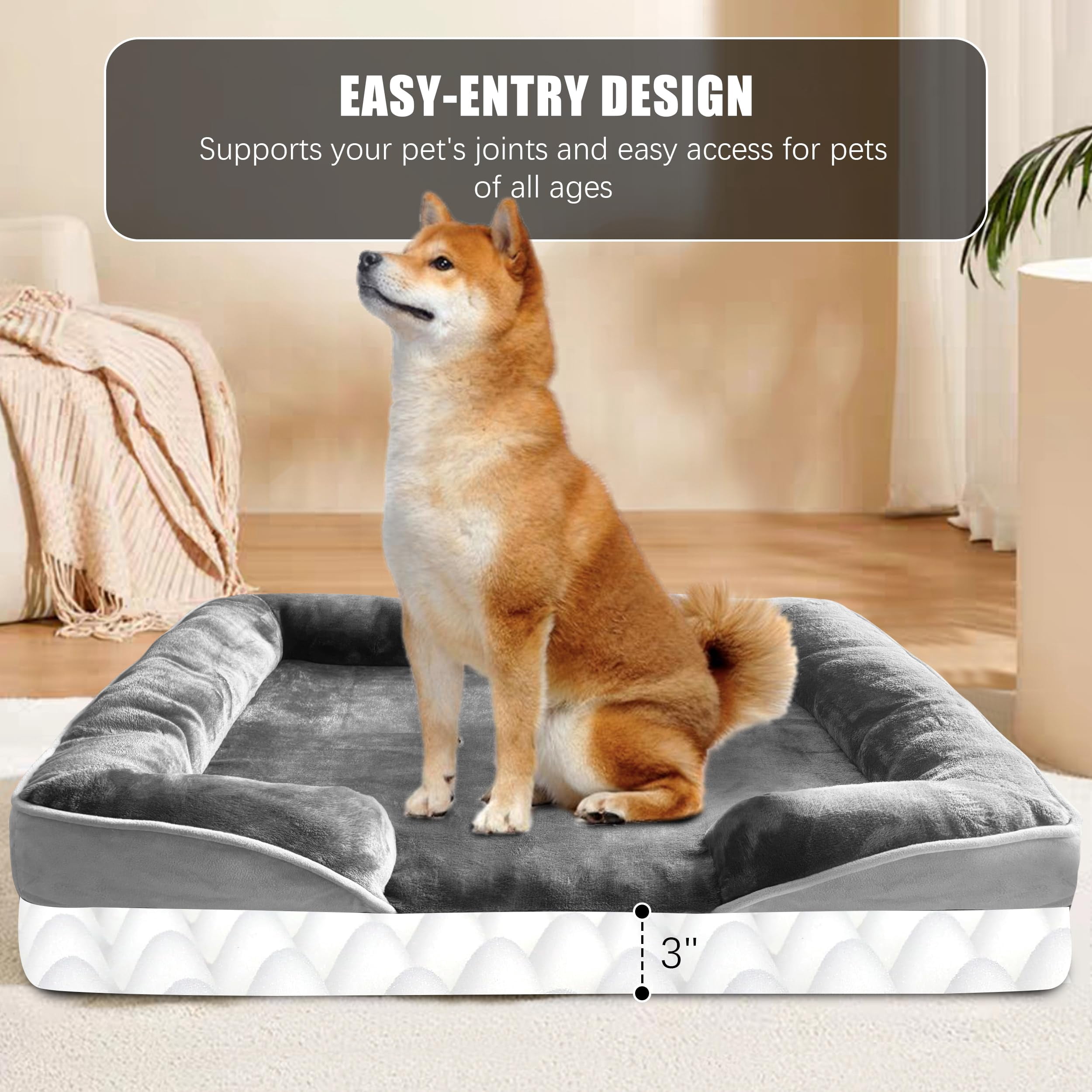 Dog Bed With Sides - Sofa Beds For Large Dogs  Supportive Foam Pet Couch Washable Removable Cover Waterproof Lining And Non-slip Bottom Grey L