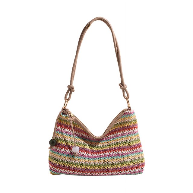 Bolso de playa de paja arcoíris, bolso de hombro de verano a rayas, bolso tejido para las axilas para mujer