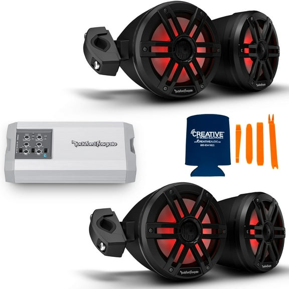 Rockford Fosgate 2 Pairs of M1WL-65MB Black 6.5" Color Optix Moto Can Speakers, & 1 TM400X4ad 4 Channel Marine Amplifier