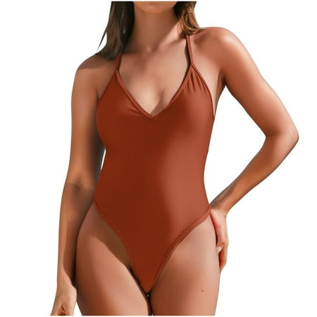 TrendVibe365 Ladies Swimsuits One Piece Brown Bathing Suits Thong V Neck Built in Bra Solid Swimwear Beachwear M