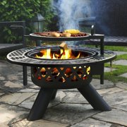 20" Fire Bowl Outdoor Wood Burning Fire Pit with Cooking Grate Outdoor Fireplace