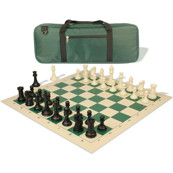 Professional Deluxe Carry-All Plastic Chess Set Black & Ivory Pieces with Vinyl Roll-up Board & Bag - Green