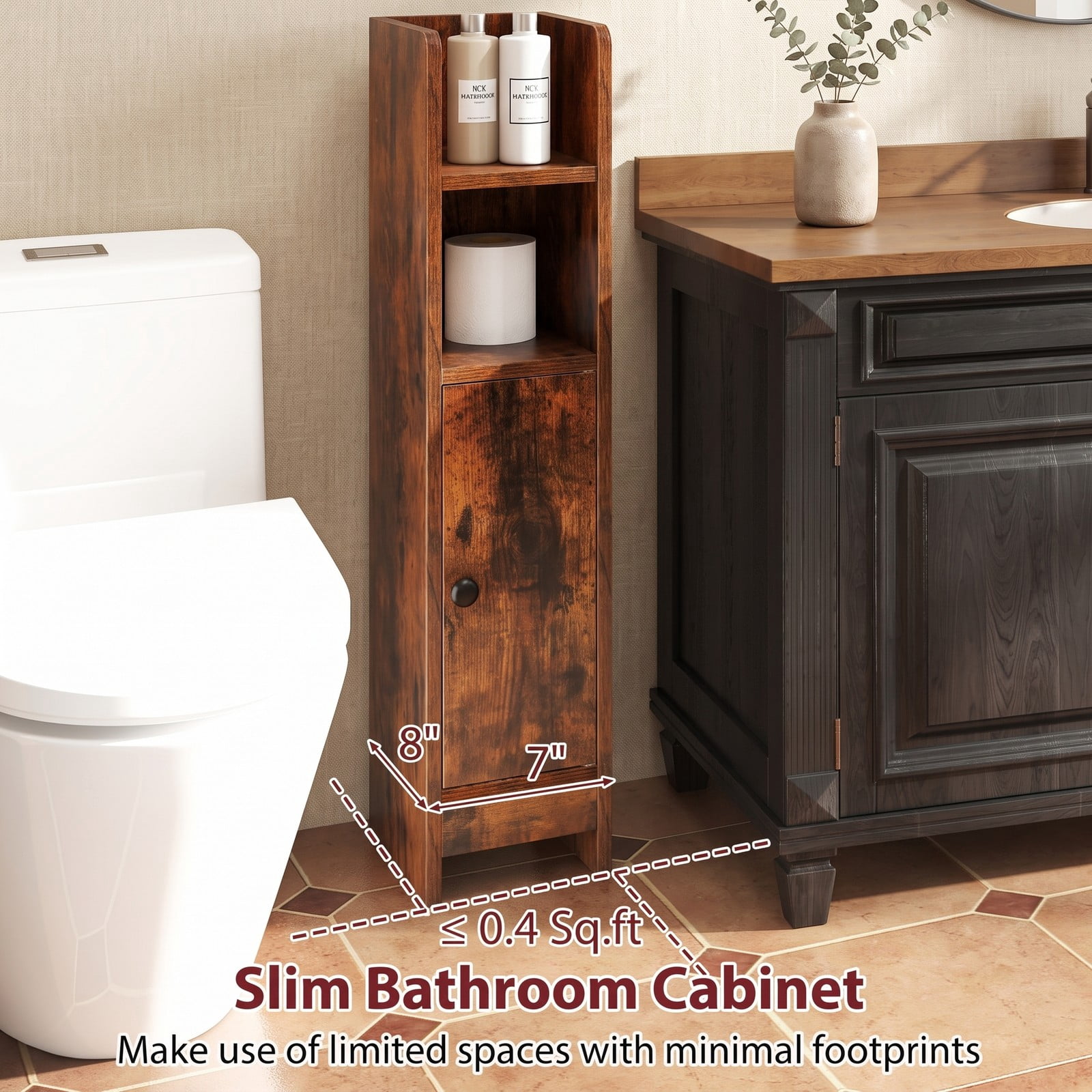 Fenbeli Slim Bathroom Corner Storage Cabinet, Freestanding Floor Cabinet with Door and Adjustable 3-Tier Shelf, Anti-Tipping Space-Saving Organizer for, Rustic Brown